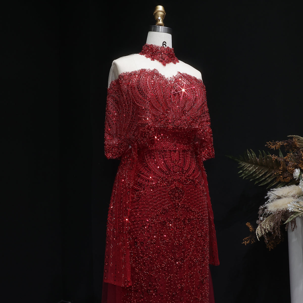 Luxury Gray Beaded Crystal Evening Dress with Cape SS557 