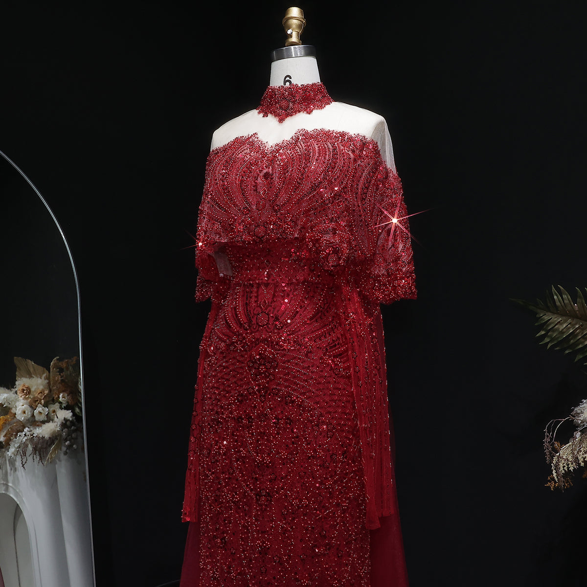 Luxury Gray Beaded Crystal Evening Dress with Cape SS557 