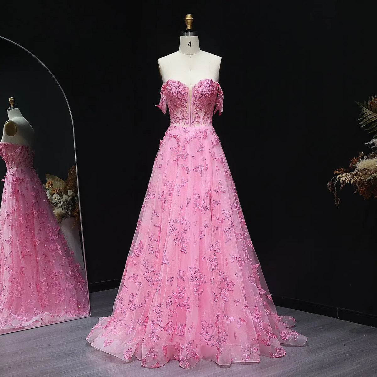 Luxury Pink Off-the-Shoulder Embroidered A-Line Prom Dress SH225 