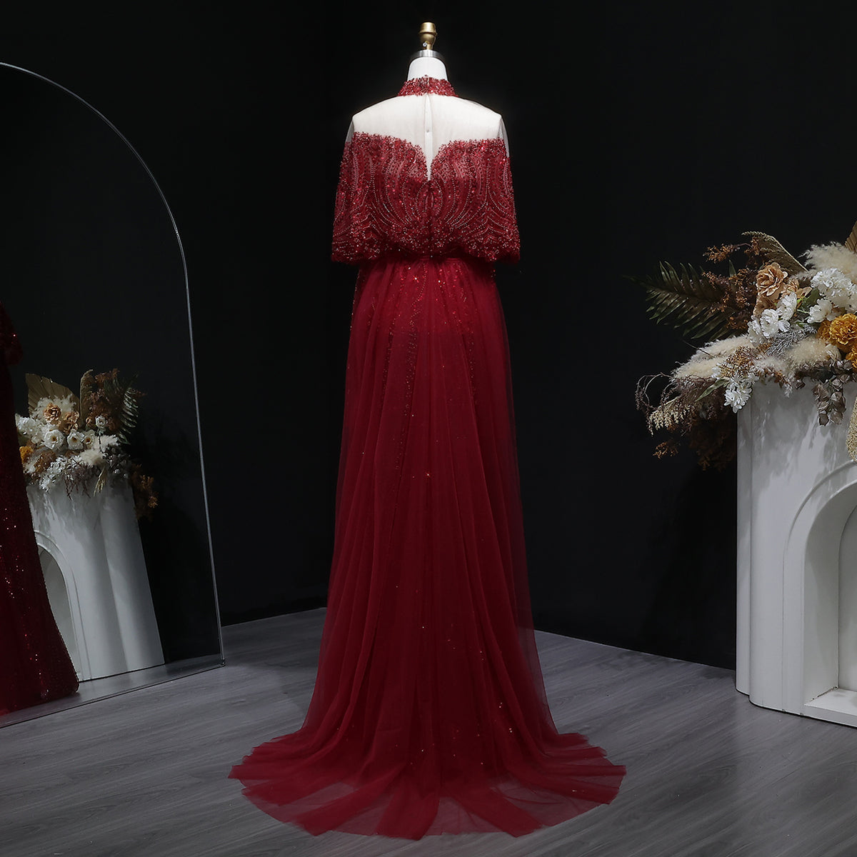 Luxury Gray Beaded Crystal Evening Dress with Cape SS557 