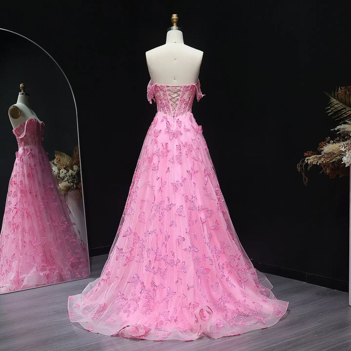 off the shoulder embroidered prom dress Ladivine J835 Floor Length Off the Shoulder A-line Glitter Print Gown ROSE GOLD / 4