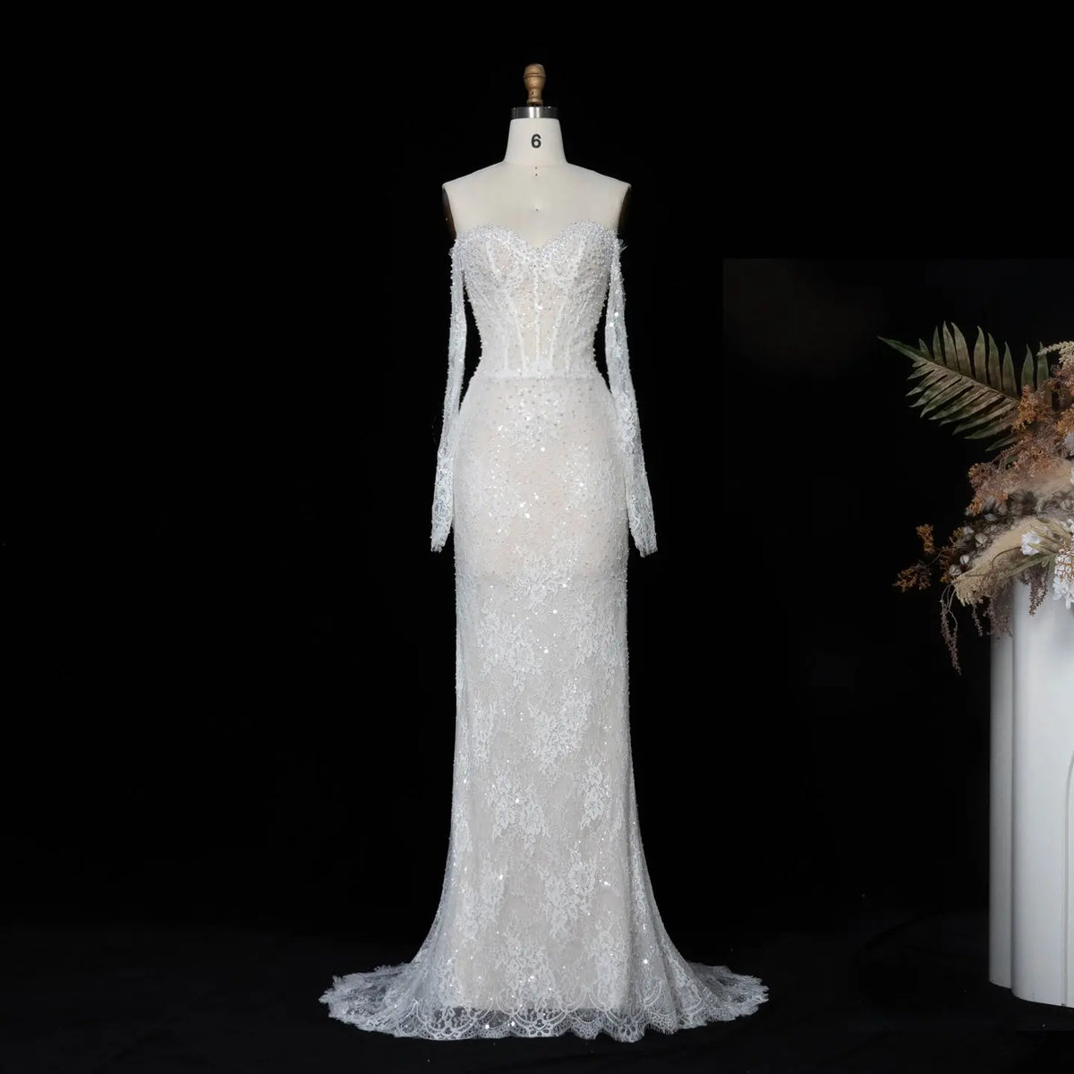 White Lace Beaded Mermaid Train Wedding Dress SW627