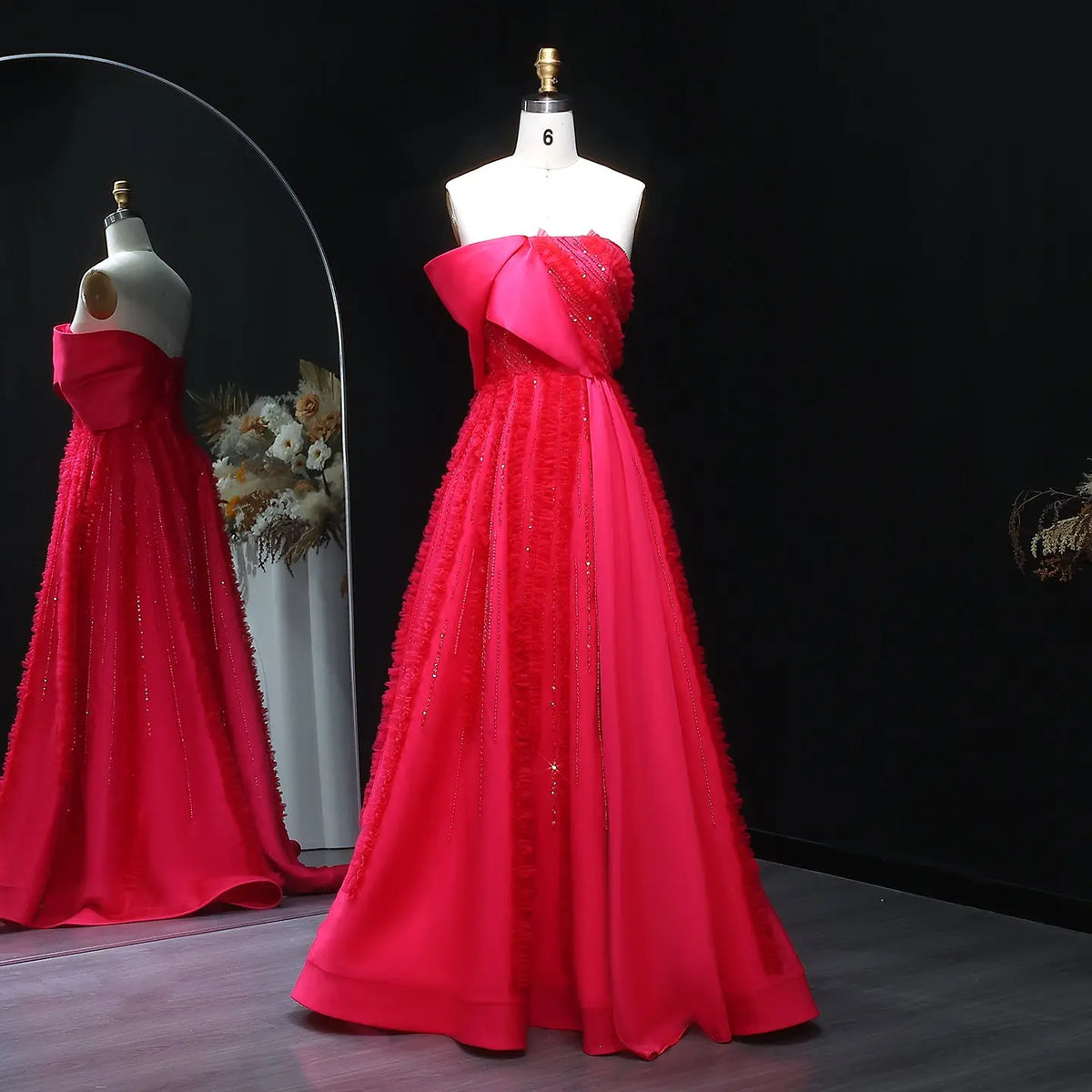 Luxury Fuchsia Beaded Textured Ball Gown Train Evening Dress XD042 