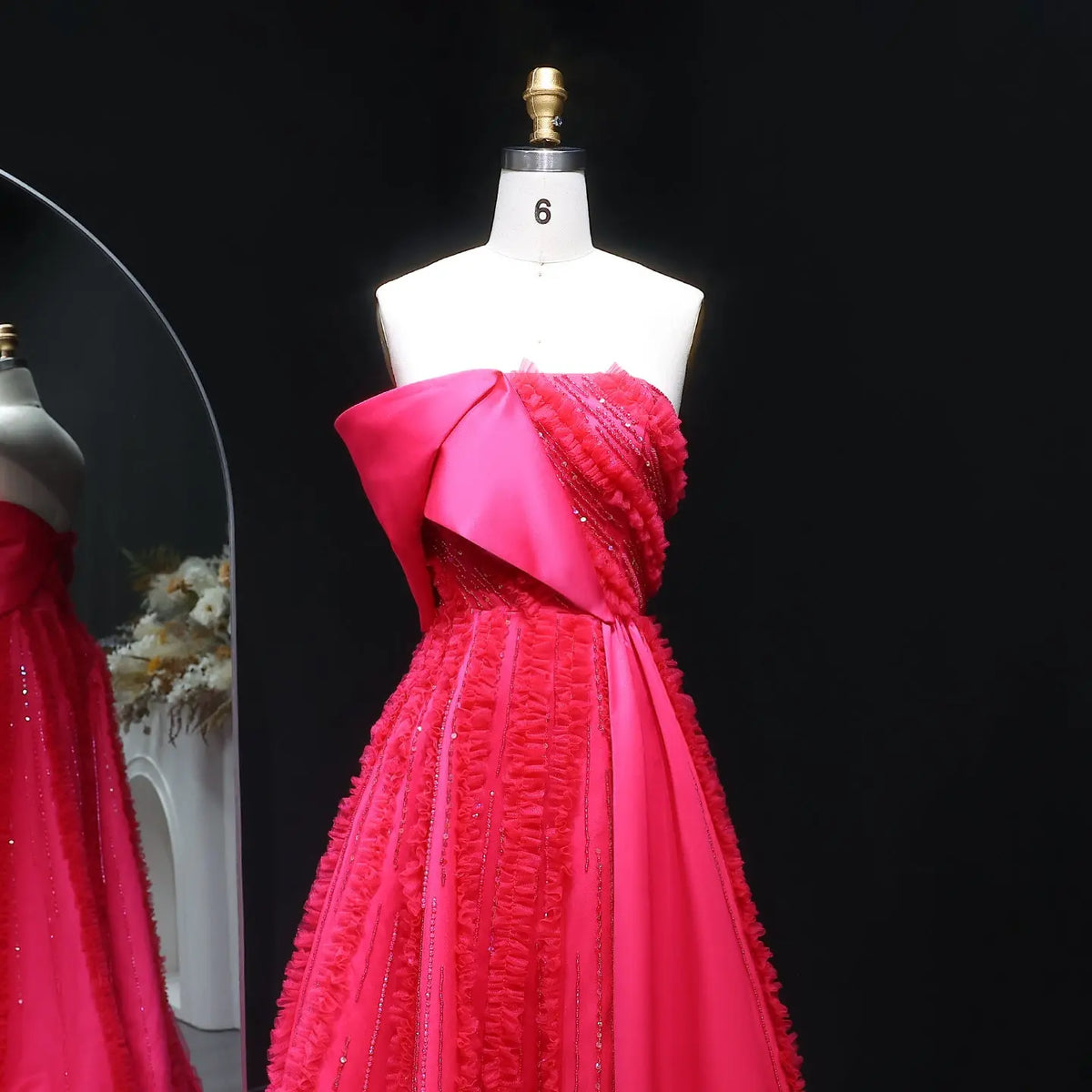 Luxury Fuchsia Beaded Textured Ball Gown Train Evening Dress XD042 