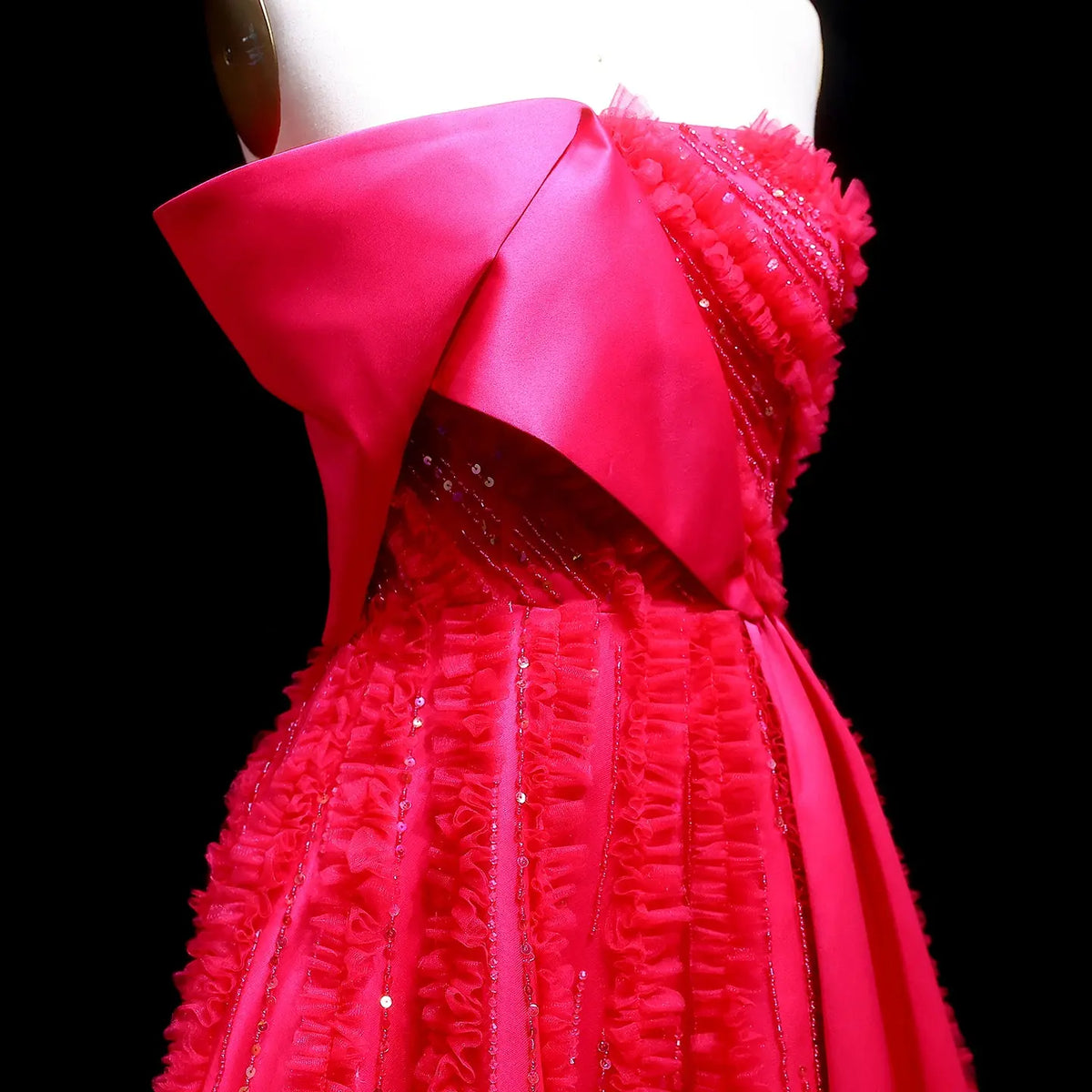 Luxury Fuchsia Beaded Textured Ball Gown Train Evening Dress XD042 