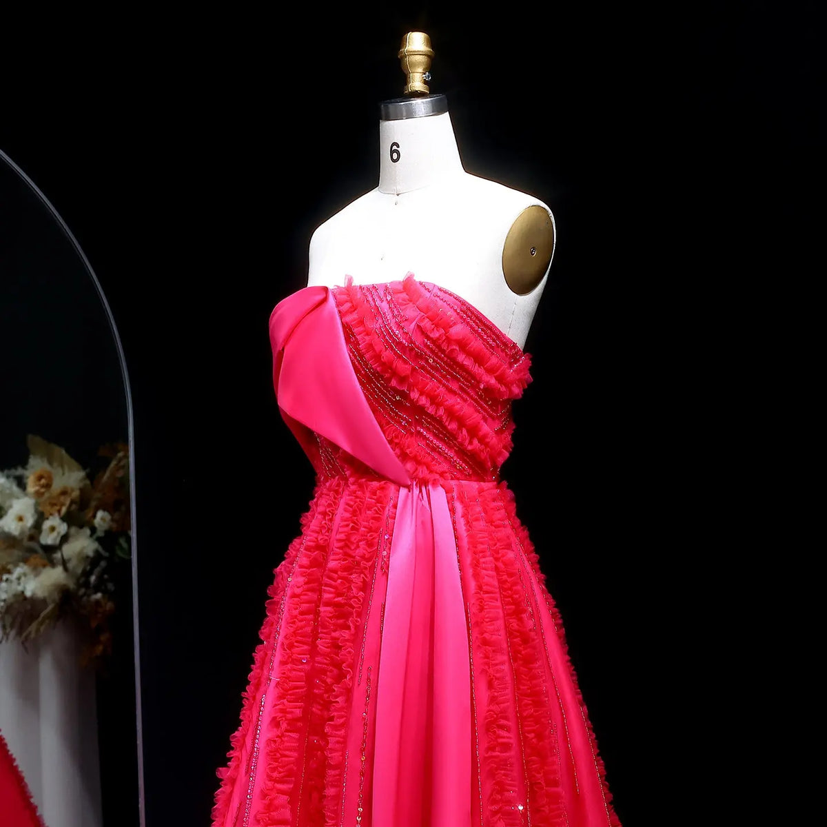 Luxury Fuchsia Beaded Textured Ball Gown Train Evening Dress XD042 