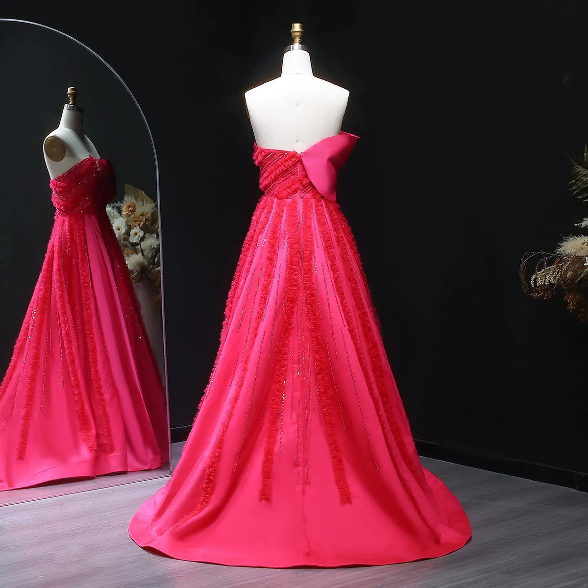 Luxury Fuchsia Beaded Textured Ball Gown Train Evening Dress XD042 