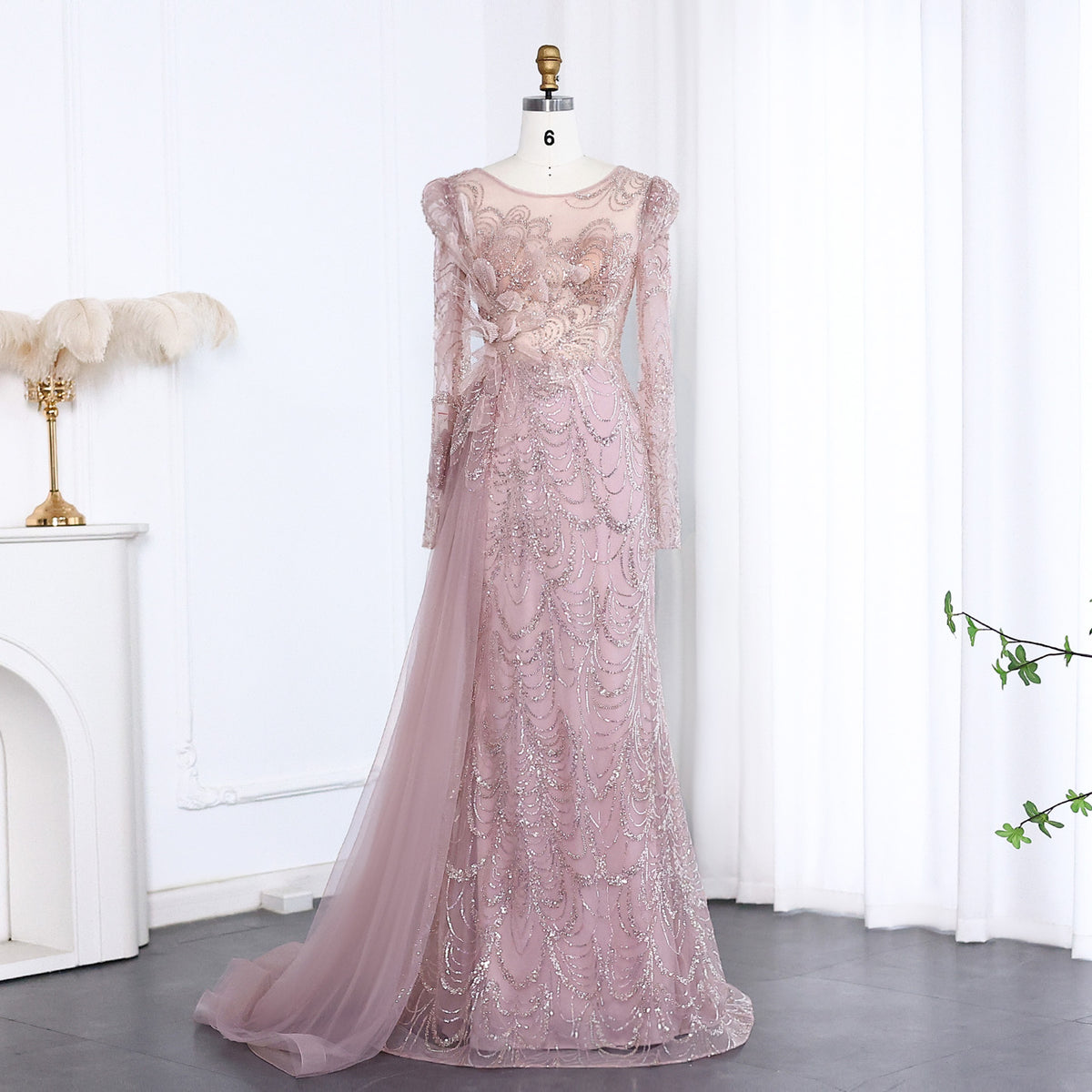 Elegant Long Sleeves Mermaid Pink Evening Dress SS084