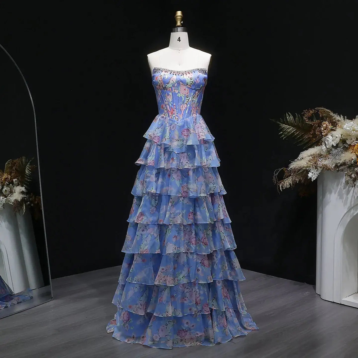 blue prom dress with pink flowers Zapaka Women Blue Pink Flower Long Prom Dress with Slit Mermaid Sweetheart Ruffled Lace Up Back Party Dress with 3D Flower, Blue Pink Flower / US2