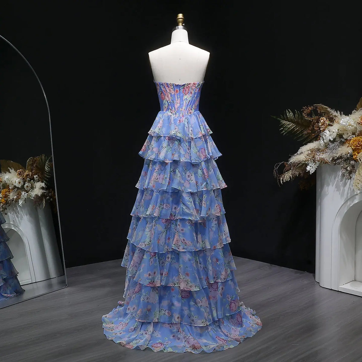Luxury Pink Strapless Crystal Floral Tiered A-line Prom Dress SH401