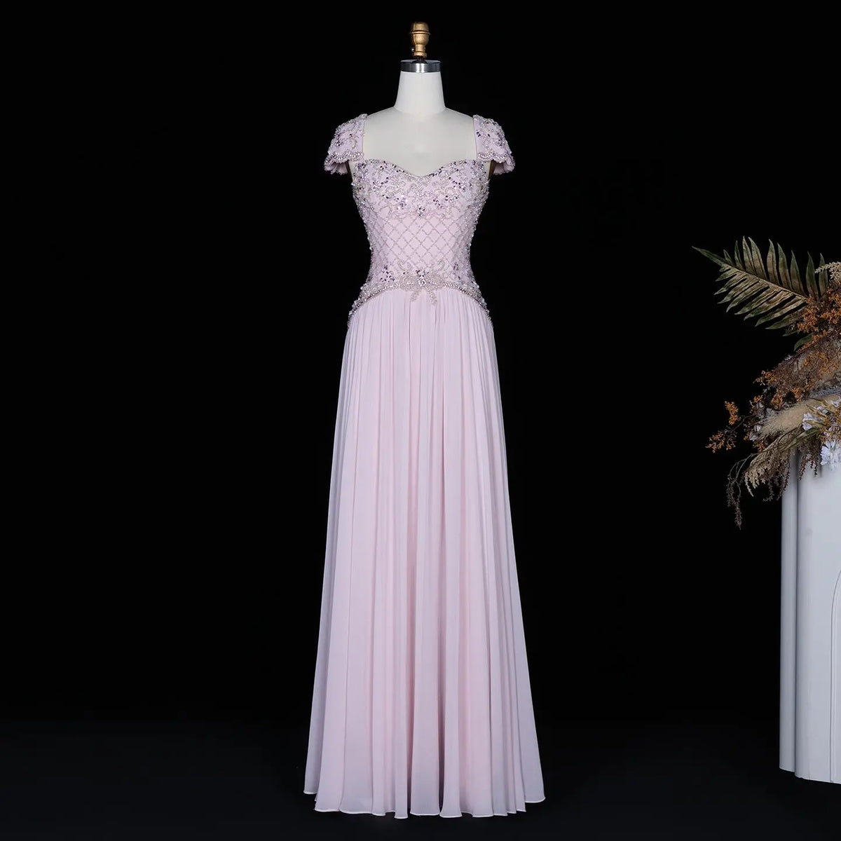 Pink Cap Sleeve Beaded Pleated Chiffon Evening Dress SS258
