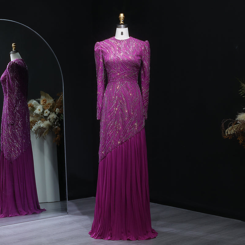 Luxury Magenta High Neck Beaded Hijab Arabic Evening Dress SS605 
