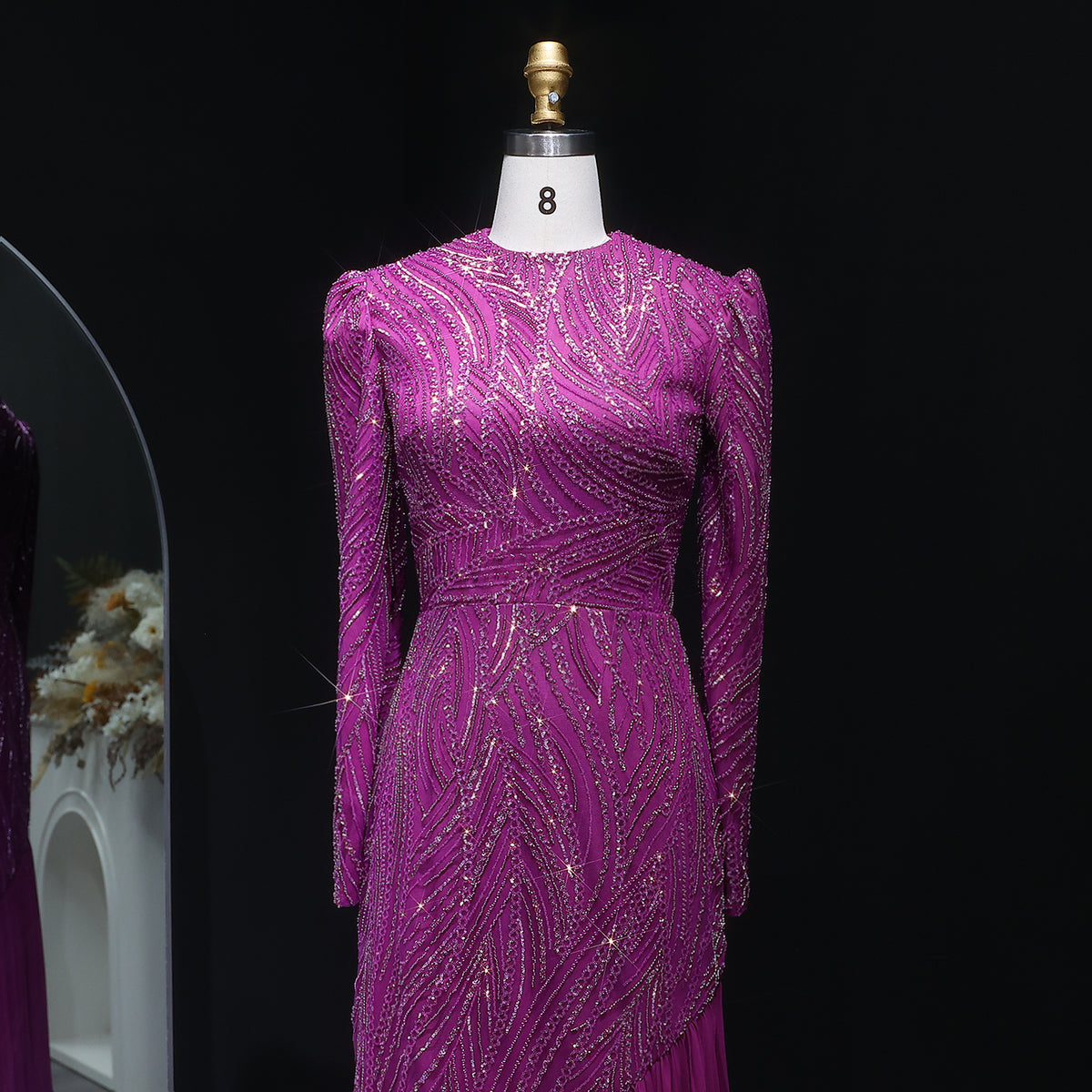 Luxury Magenta High Neck Beaded Hijab Arabic Evening Dress SS605 