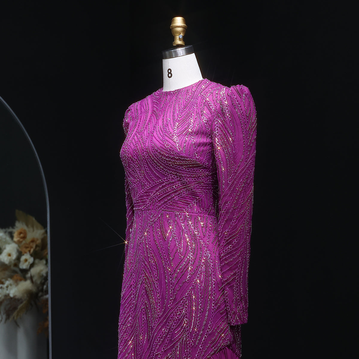Luxury Magenta High Neck Beaded Hijab Arabic Evening Dress SS605 