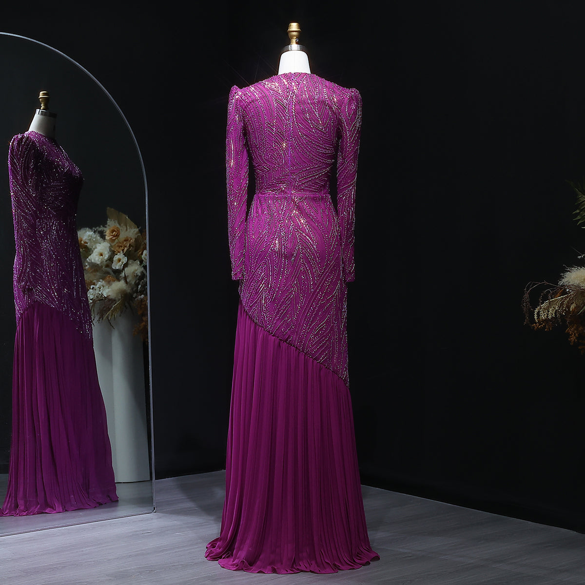 Luxury Magenta High Neck Beaded Hijab Arabic Evening Dress SS605 