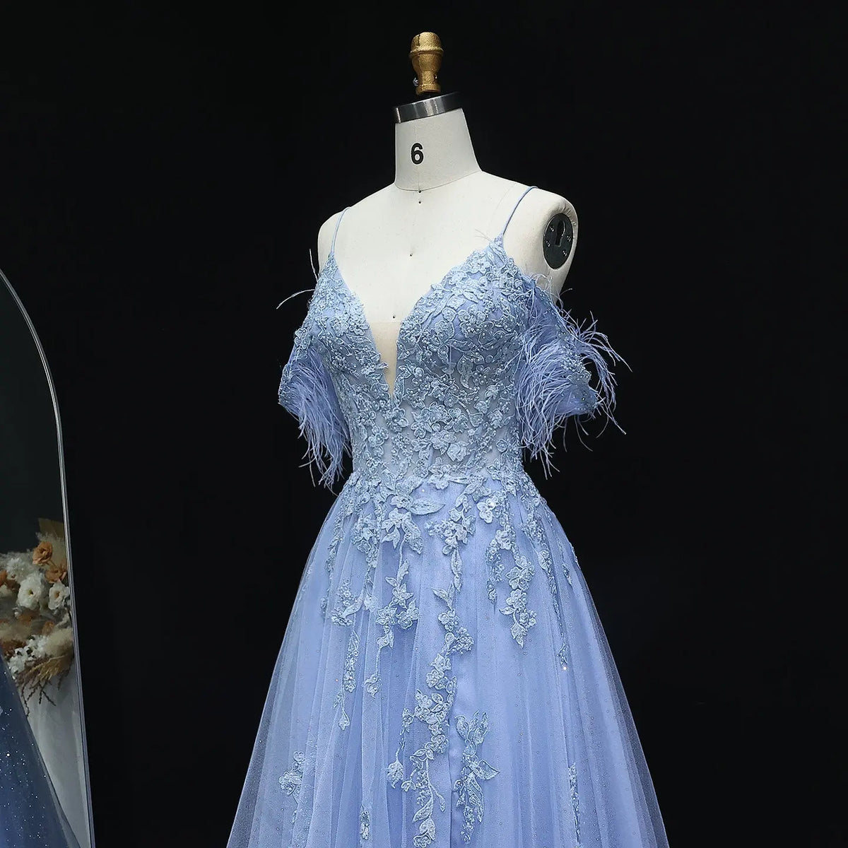 Luxury Light Blue Feather Spaghetti Strap Embroidered Prom Dress SH232 