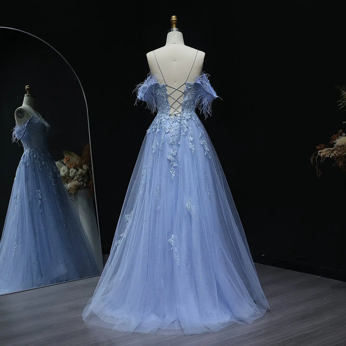Luxury Light Blue Feather Spaghetti Strap Embroidered Prom Dress SH232 