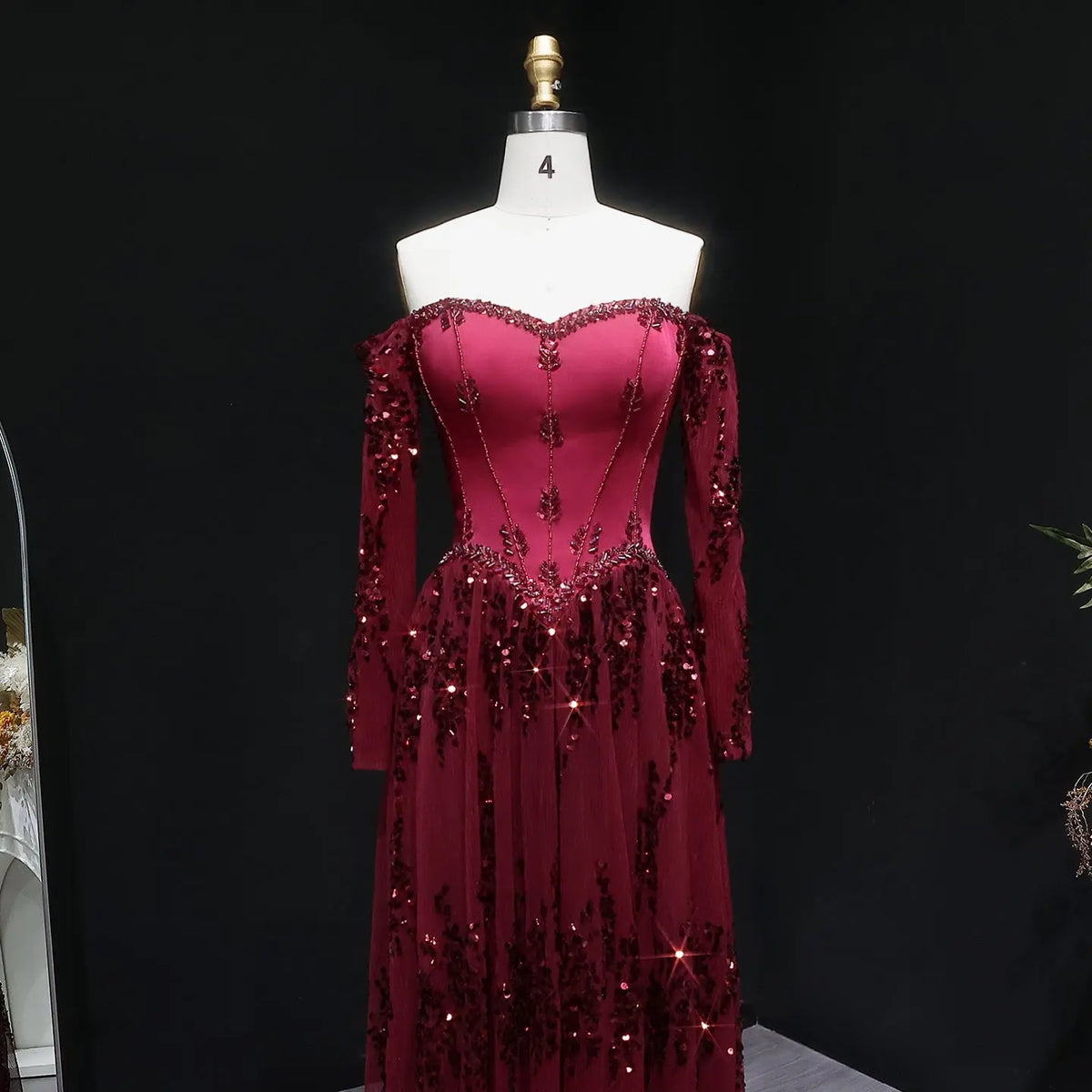 Luxury Beige Crystal Beaded Mesh Long Sleeve Evening Dress SS628 