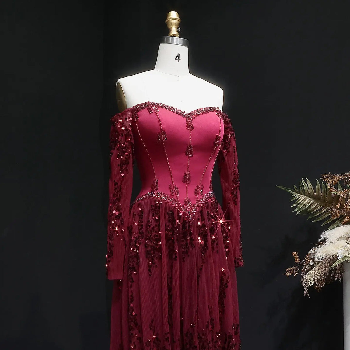 Luxury Beige Crystal Beaded Mesh Long Sleeve Evening Dress SS628 