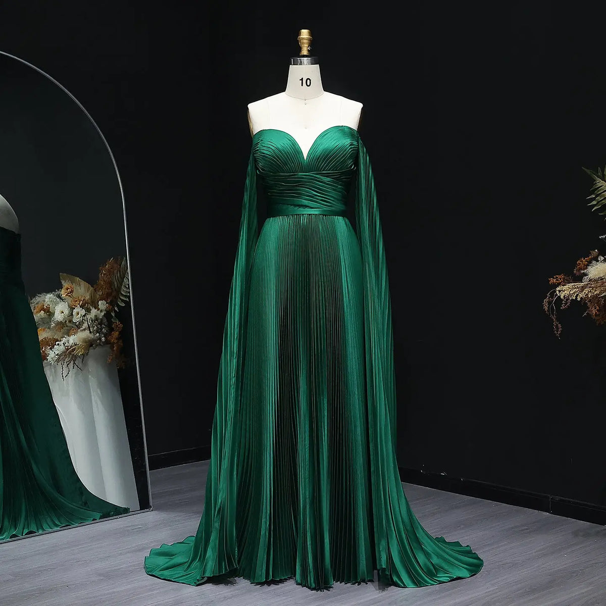 Green Off Shoulder Pleats Long Sleeve Evening Dress SF210 