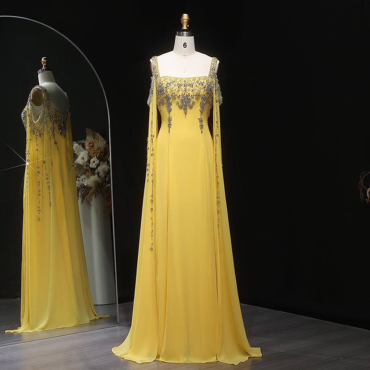 Chic Blue Crystal  Evening Dress with Flowing Cape Sleeve SS305 