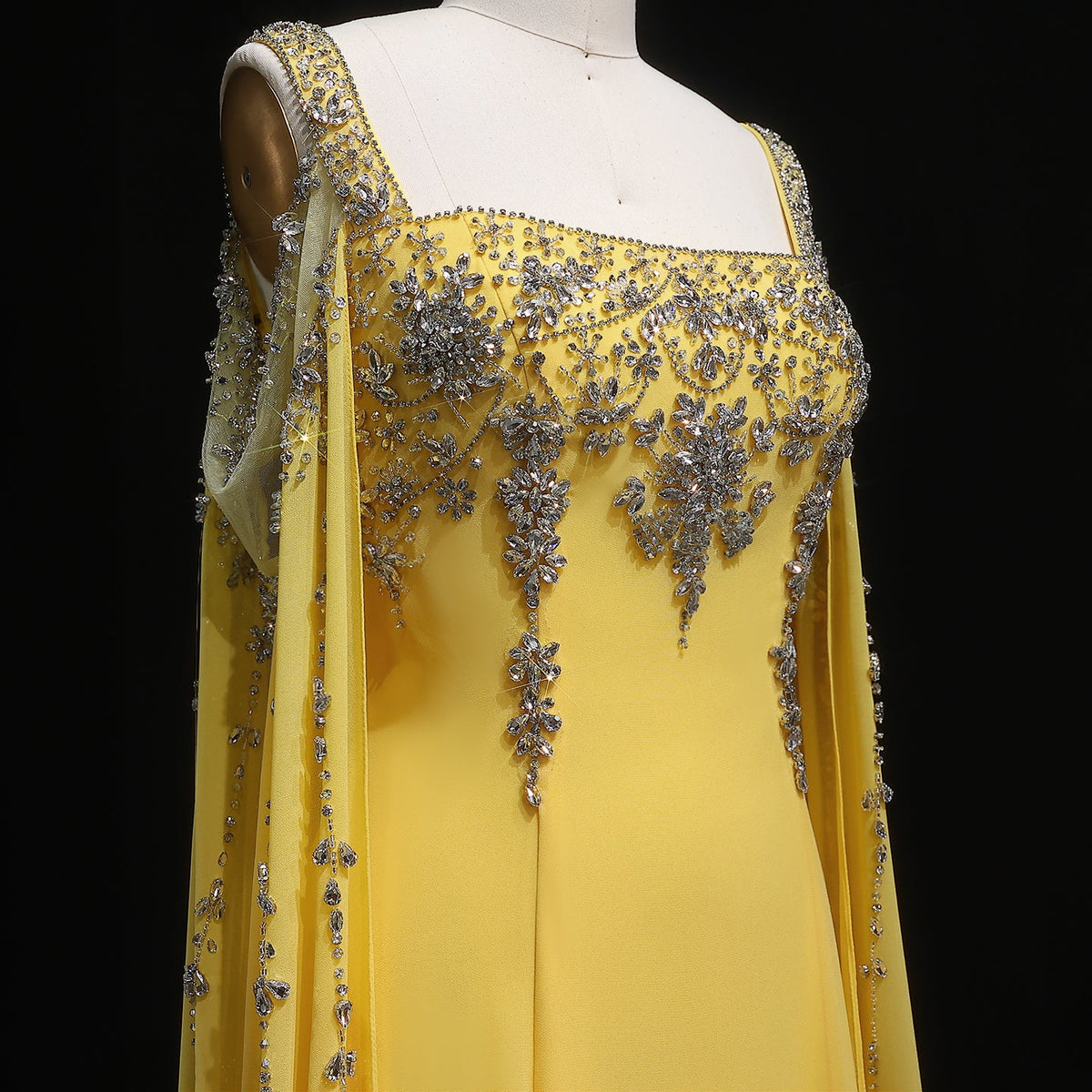 Chic Blue Crystal  Evening Dress with Flowing Cape Sleeve SS305 