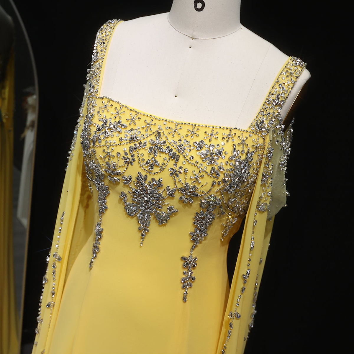 Chic Blue Crystal  Evening Dress with Flowing Cape Sleeve SS305 