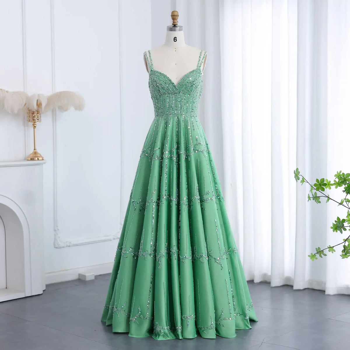 Luxury Beaded Green Spaghetti Evening Dresses SS225