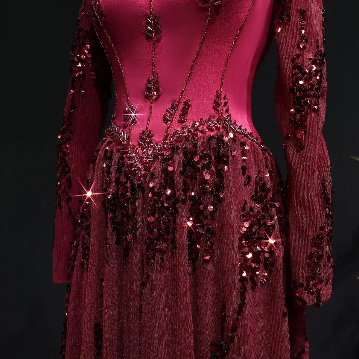 Luxury Beige Crystal Beaded Mesh Long Sleeve Evening Dress SS628 