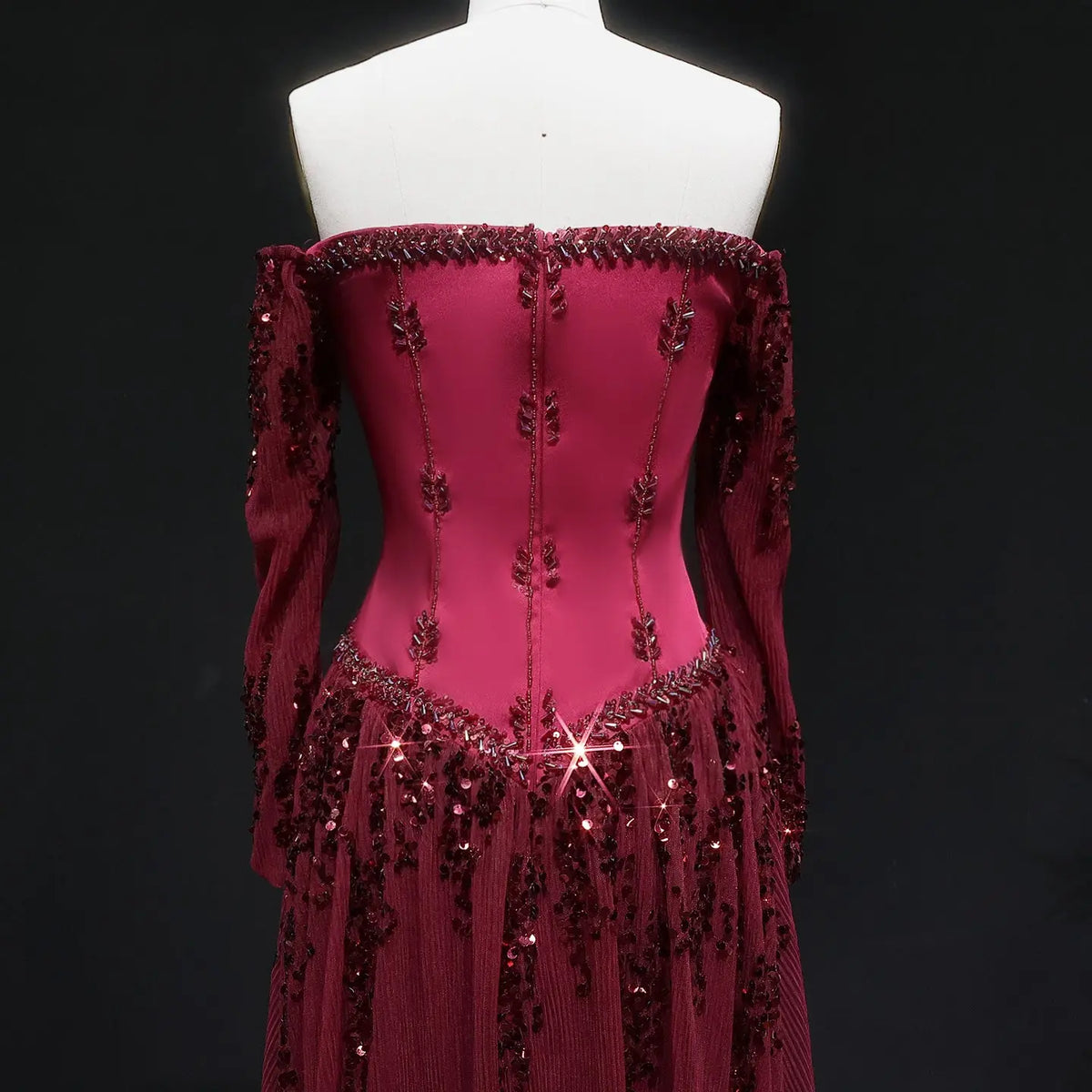 Luxury Beige Crystal Beaded Mesh Long Sleeve Evening Dress SS628 