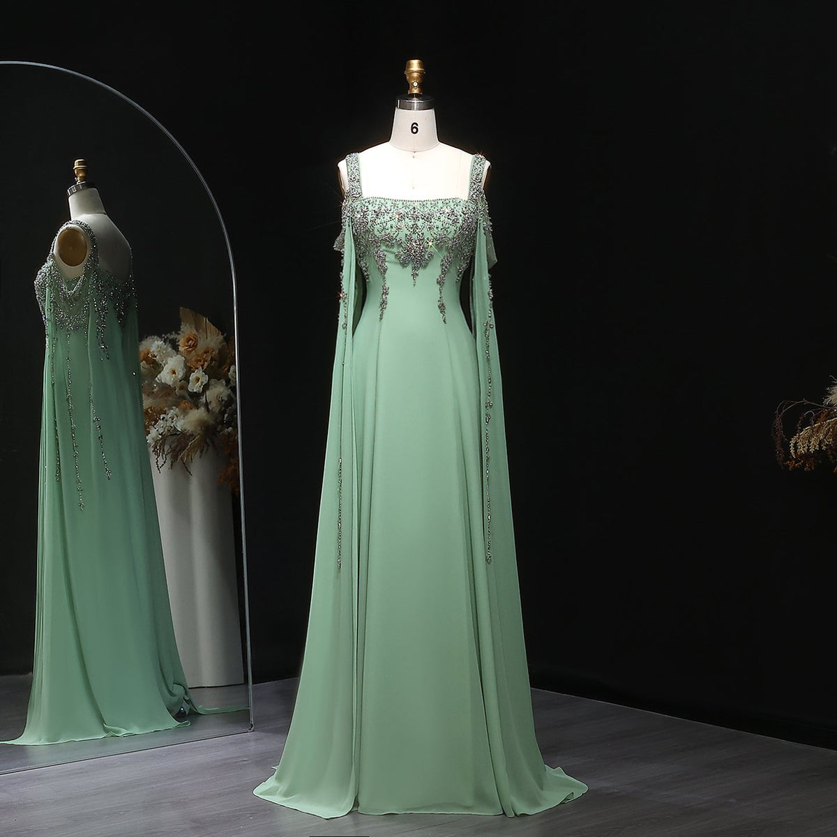 Chic Blue Crystal  Evening Dress with Flowing Cape Sleeve SS305  Green / US 16