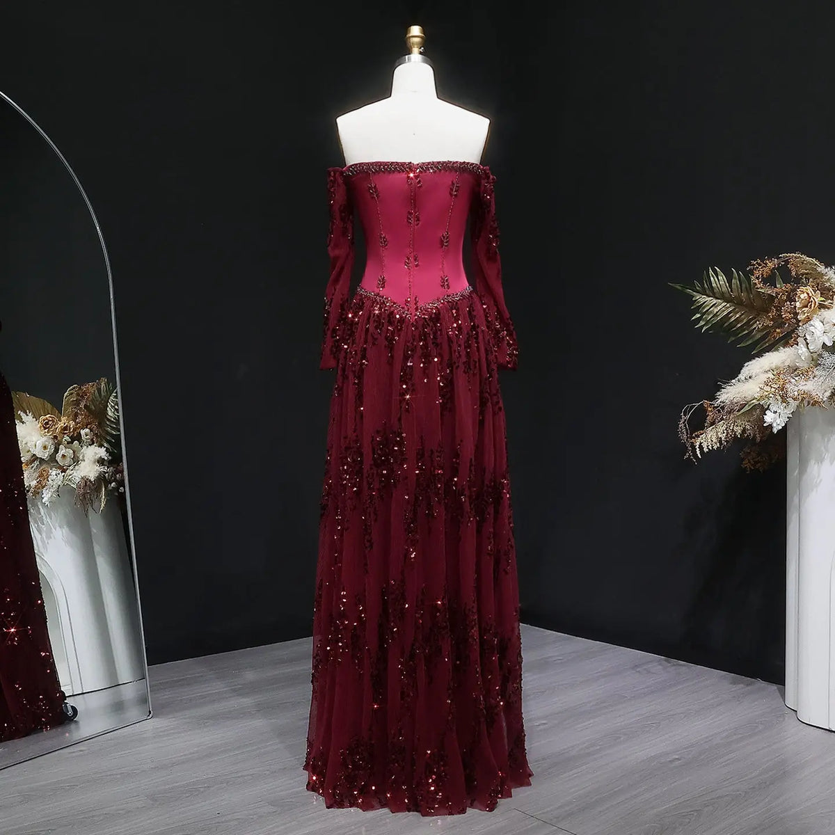 Luxury Beige Crystal Beaded Mesh Long Sleeve Evening Dress SS628 