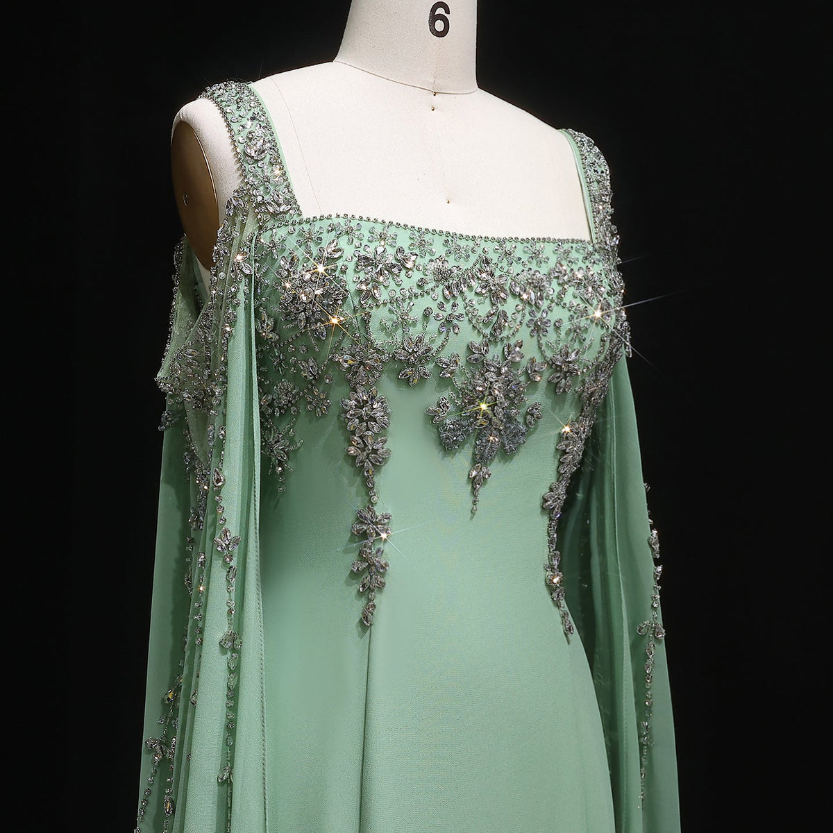 Chic Blue Crystal  Evening Dress with Flowing Cape Sleeve SS305