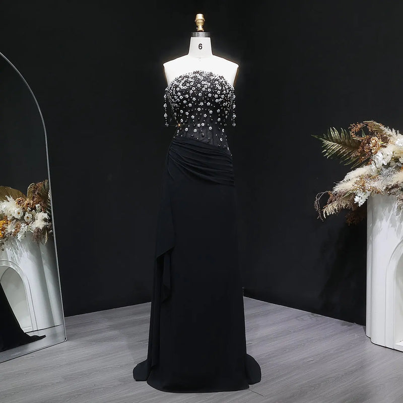 Luxury Black Beaded Corset Ruched Mermaid Evening Dress SS248 