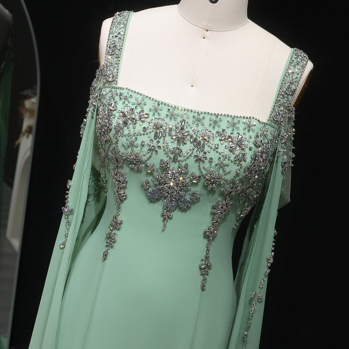 Chic Blue Crystal  Evening Dress with Flowing Cape Sleeve SS305