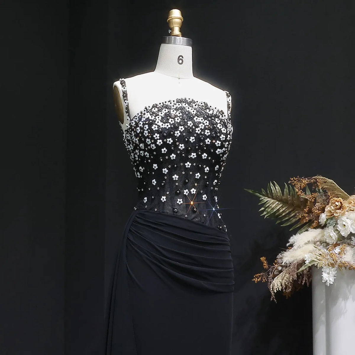 Luxury Black Beaded Corset Ruched Mermaid Evening Dress SS248 