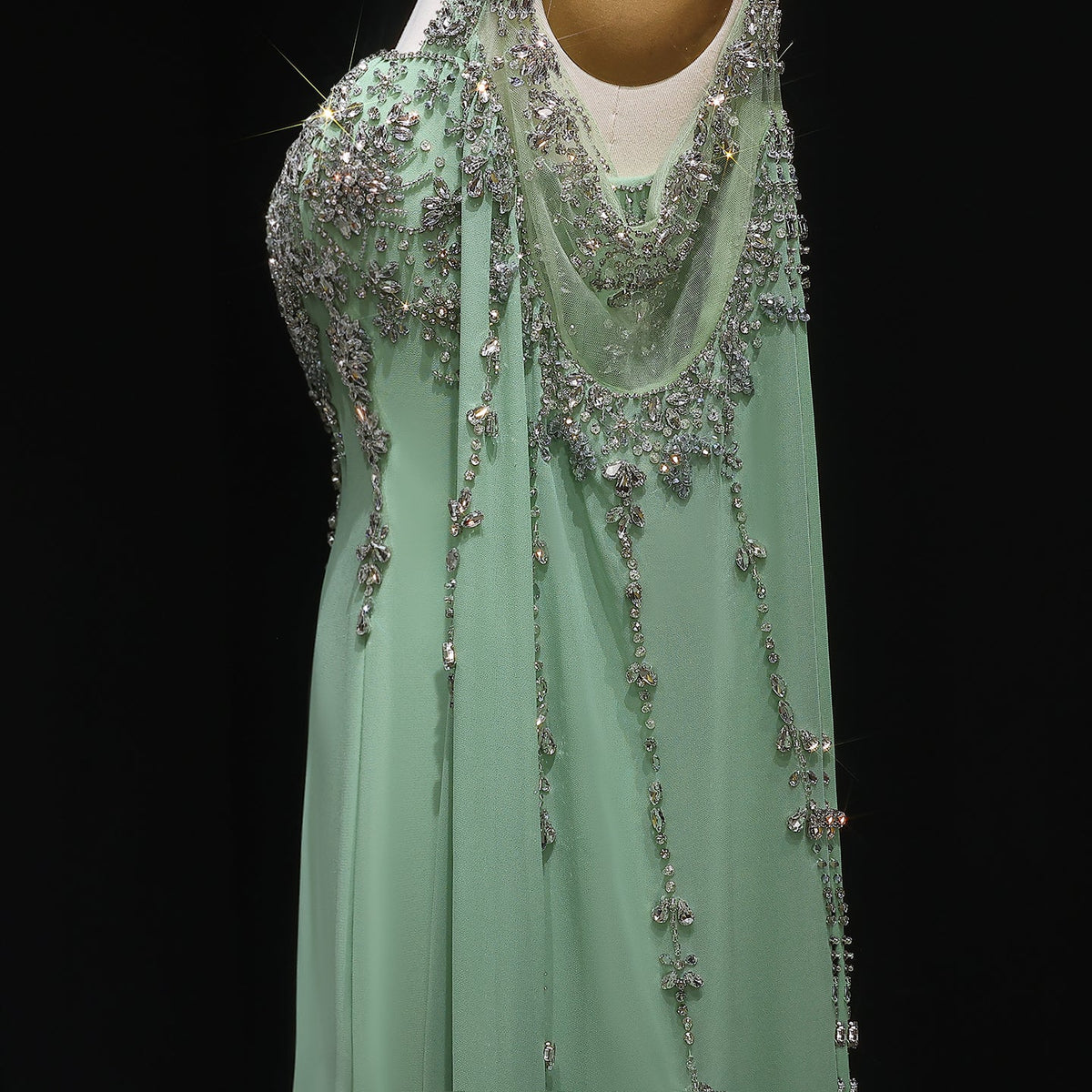 Chic Blue Crystal  Evening Dress with Flowing Cape Sleeve SS305