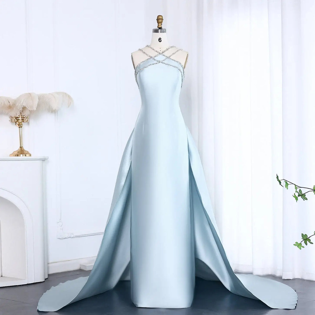 Elegant Light Blue Satin Evening Dress with Overskirt SF048 Elegant Light Blue Satin Evening Dress with Overskirt SF048