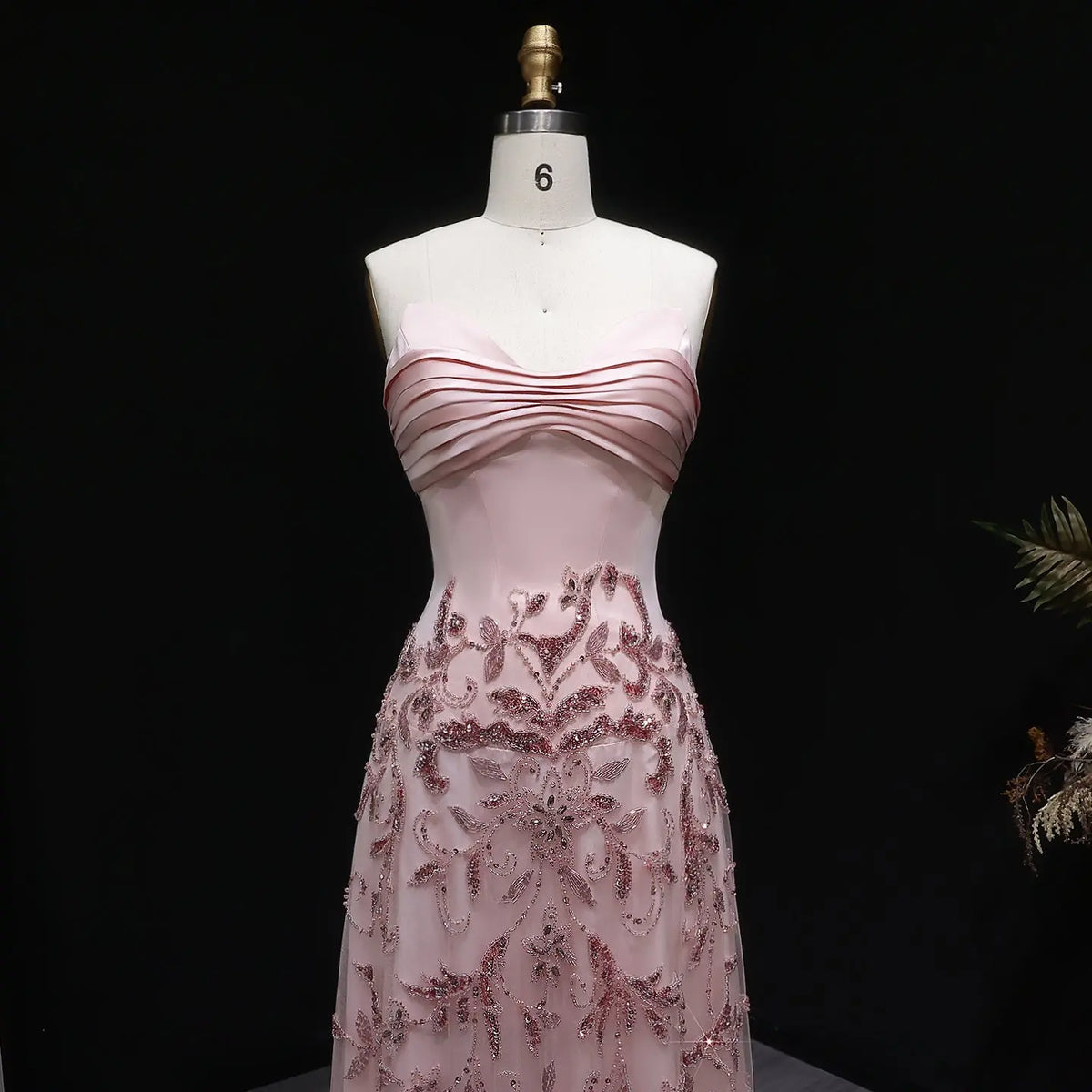 Luxury Pink Embroidered Beaded Strapless Fitted Evening Dress SS529 