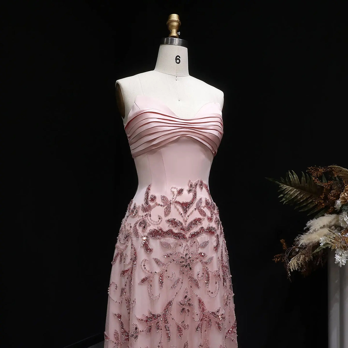 Luxury Pink Embroidered Beaded Strapless Fitted Evening Dress SS529 