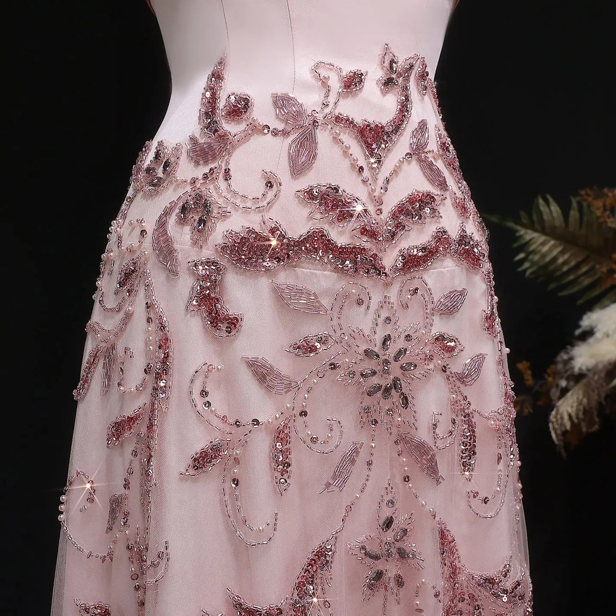 Luxury Pink Embroidered Beaded Strapless Fitted Evening Dress SS529 