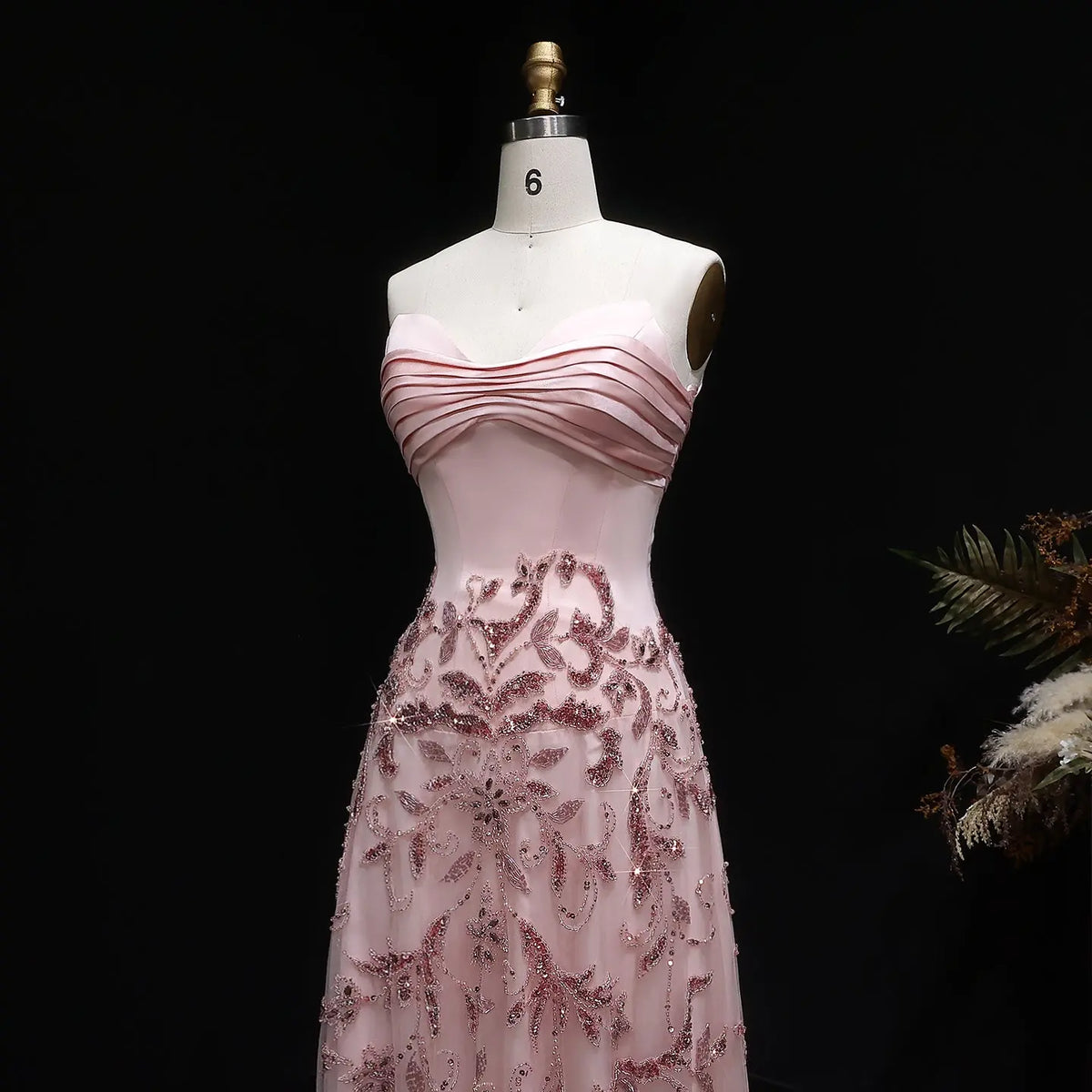 Luxury Pink Embroidered Beaded Strapless Fitted Evening Dress SS529 