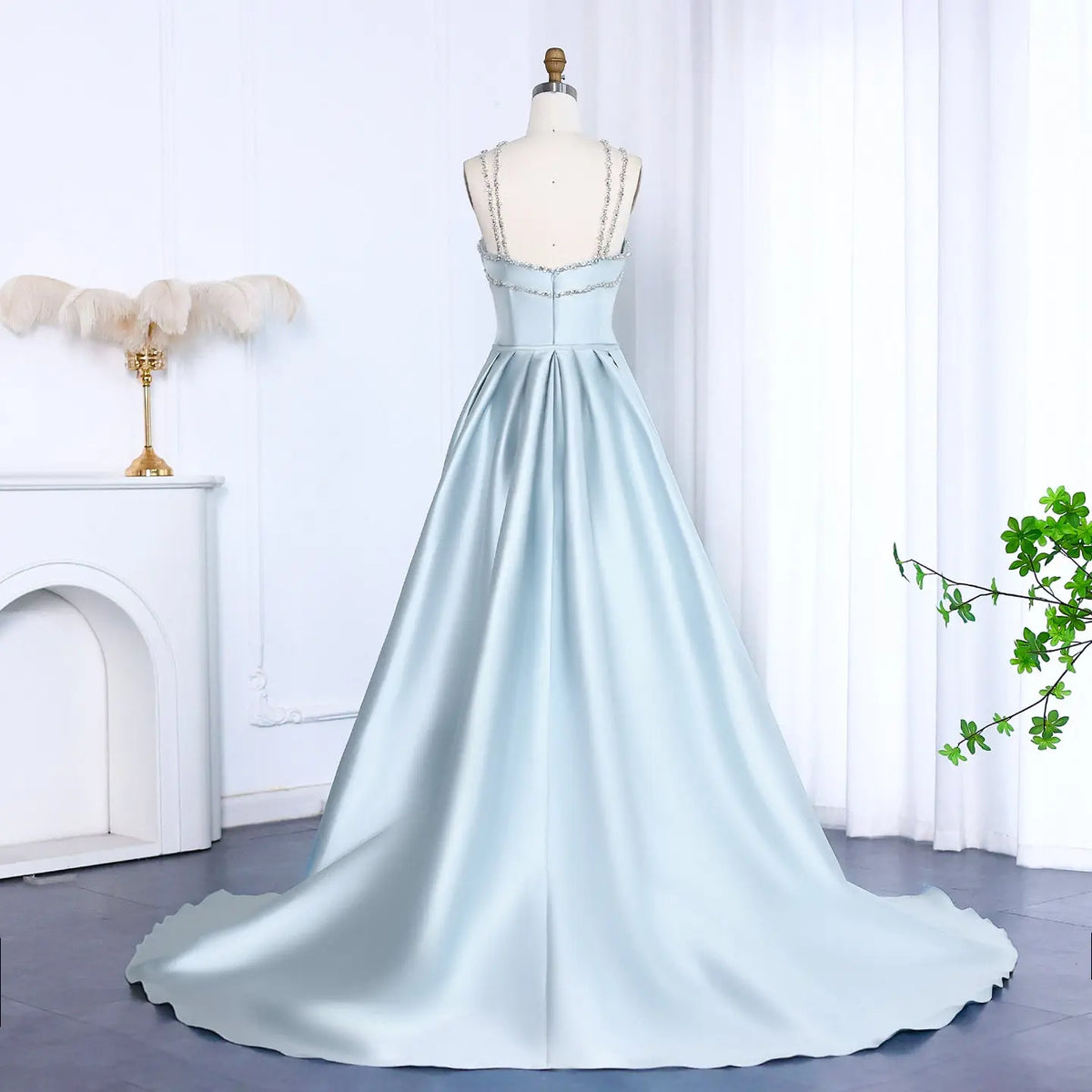 Elegant Light Blue Satin Evening Dress with Overskirt SF048 Elegant Light Blue Satin Evening Dress with Overskirt SF048