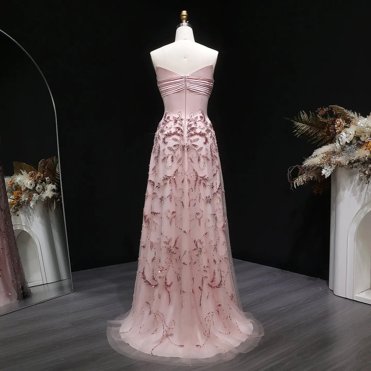 Luxury Pink Embroidered Beaded Strapless Fitted Evening Dress SS529 