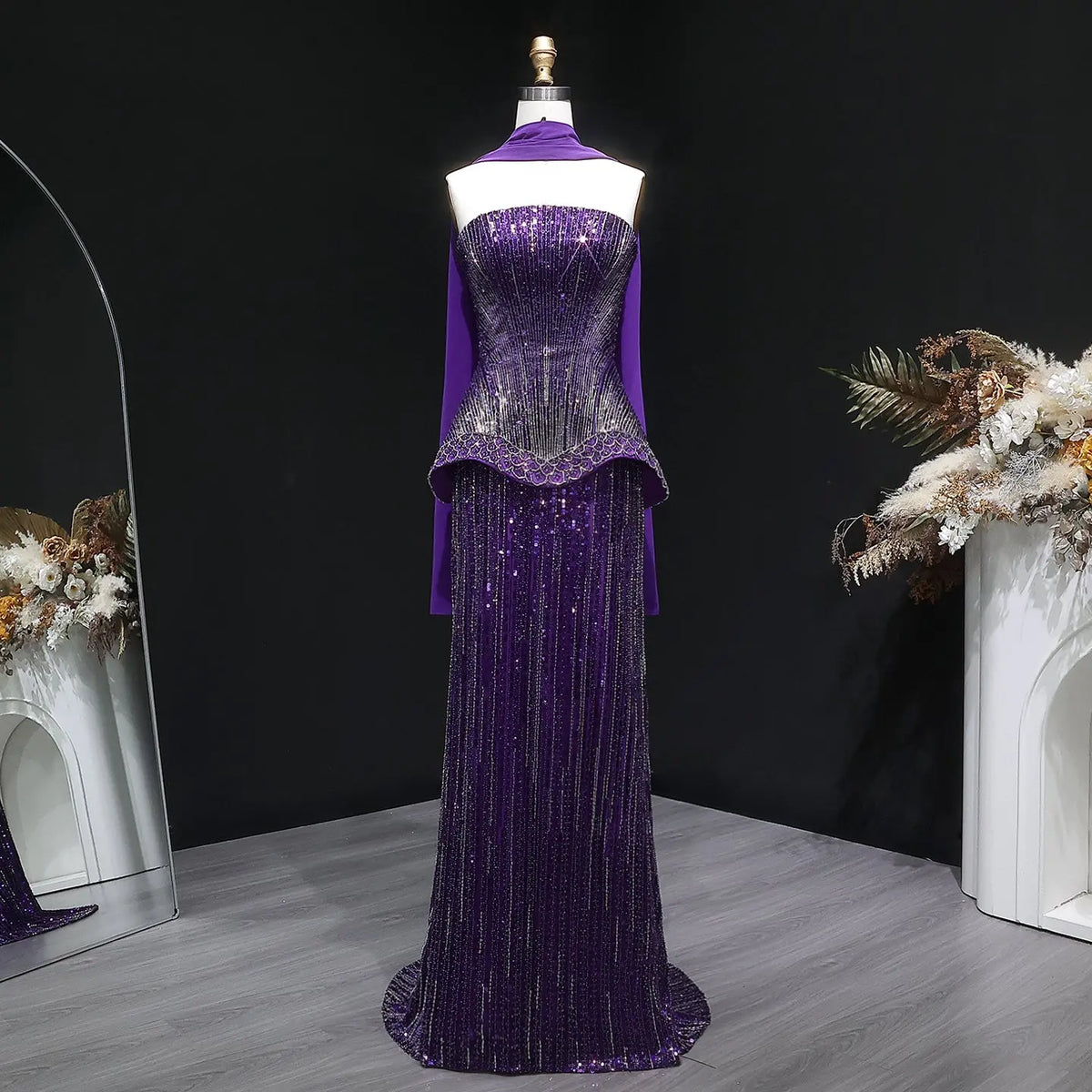 Glamorous Orange Sequin Strapless Peplum Evening Dress with Scarf SS560 