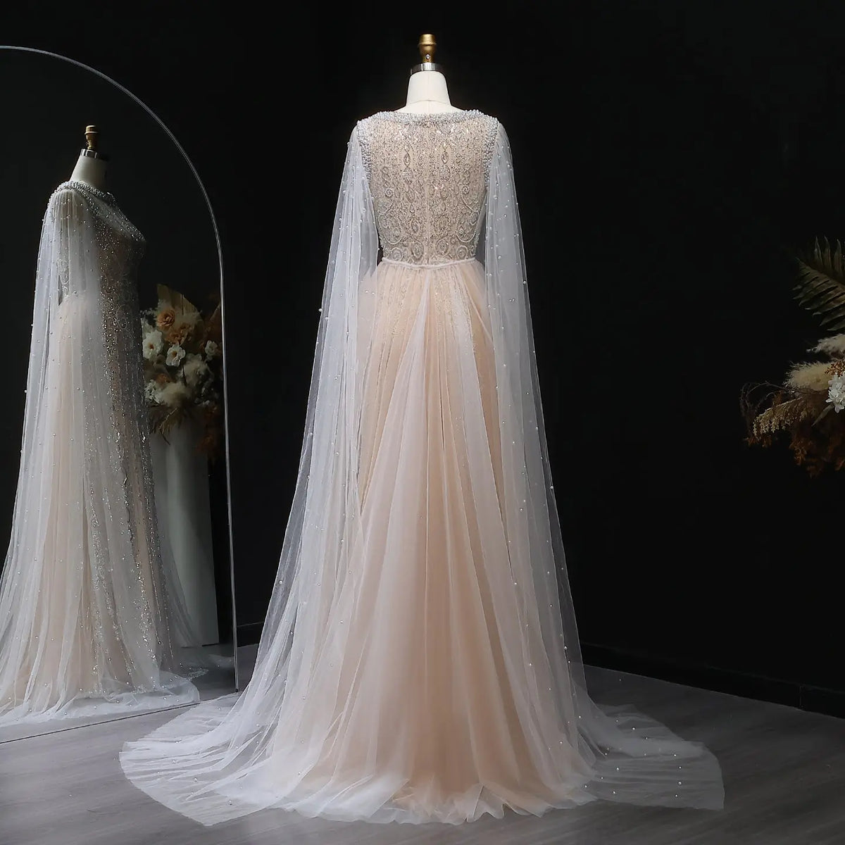 Luxury White Nude Evening Dress with Cape Sleeves SS668 Luxury White Nude Evening Dress with Cape Sleeves SS668