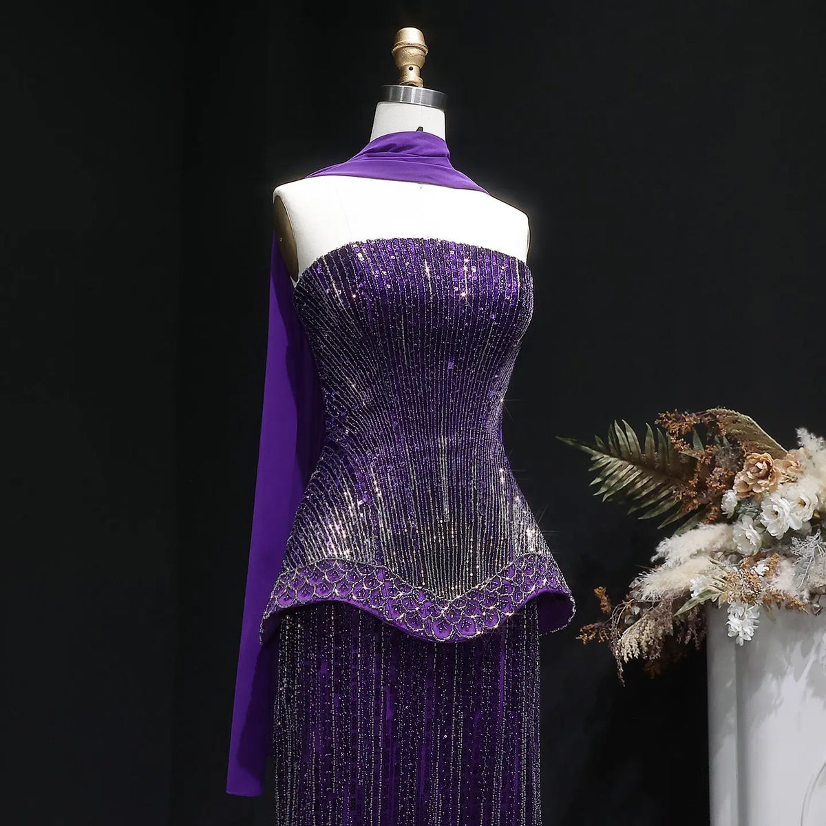 Glamorous Orange Sequin Strapless Peplum Evening Dress with Scarf SS560 