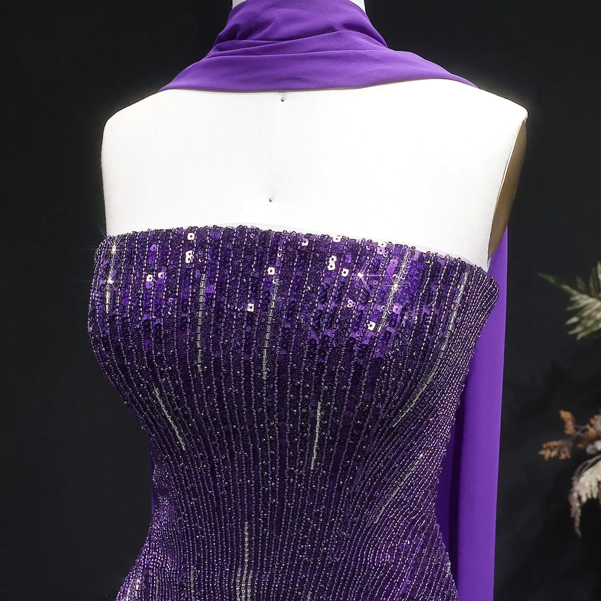 Glamorous Orange Sequin Strapless Peplum Evening Dress with Scarf SS560 