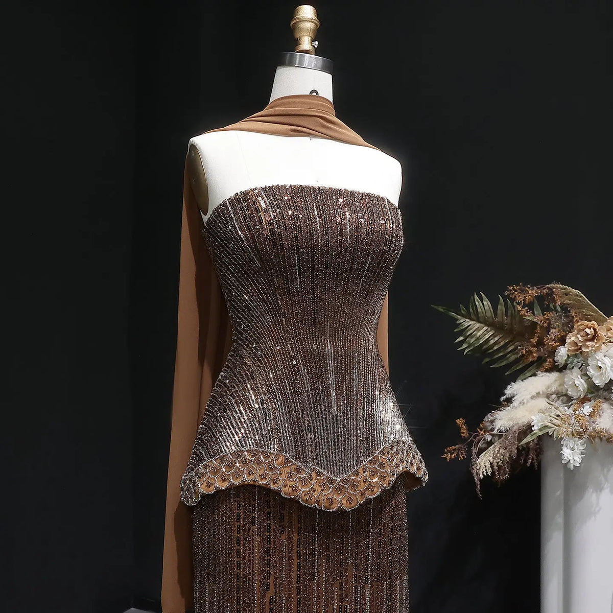 Glamorous Orange Sequin Strapless Peplum Evening Dress with Scarf SS560 