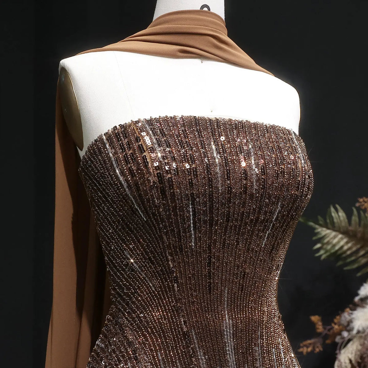 Glamorous Orange Sequin Strapless Peplum Evening Dress with Scarf SS560 